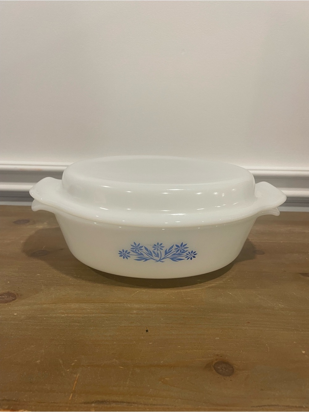 Vintage Fire King White Milk Glass Casserole with Blue Floral Motif